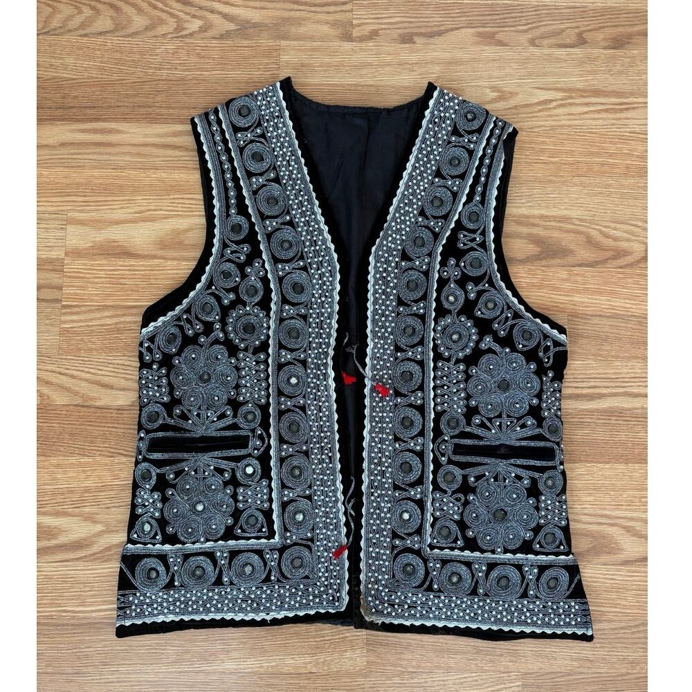 Afghan Black Velvet Waistcoat With Mirrorwork Silver Embroidery